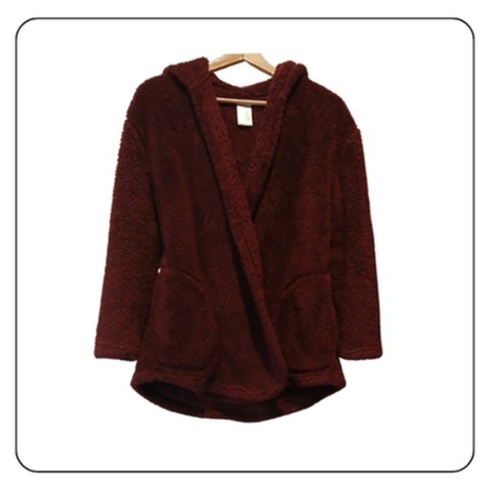 Serra Jacket Womens S/M Red Fleece Hooded Open Front Cozy Lounge Pockets
